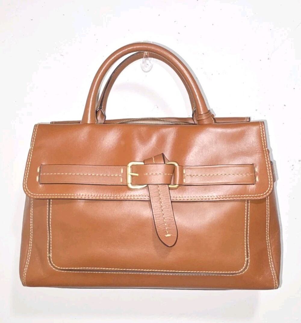 Lauren Ralph Lauren Brown Cognac Structured Top Handle Satchel Handbag Buckle